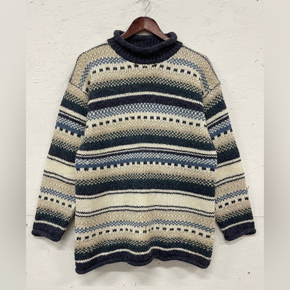 Vintage Easywear Clothing Patterned Knit Sweater, Size M, Tan and Blue